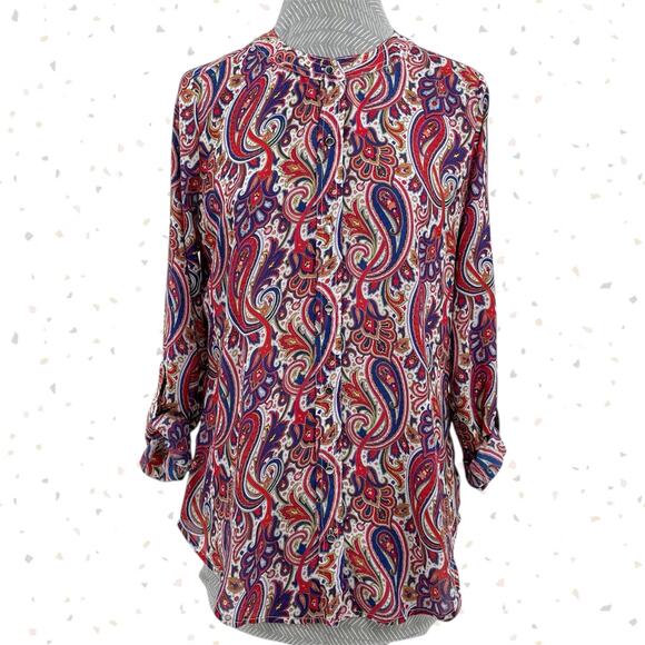 Liz Claiborne Paisley Floral Jewel Tone Blouse Fall Print Roll Up Sleeves Size S - Picture 1 of 12